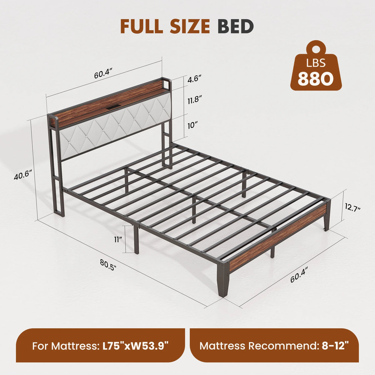 JHK Heavy Duty Metal Bed Frame With Integrated Charging Headboard