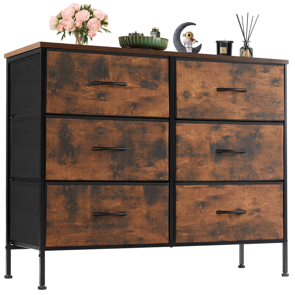 JHK Modern 6 Drawer Bedroom Nightstand With Metal Frame