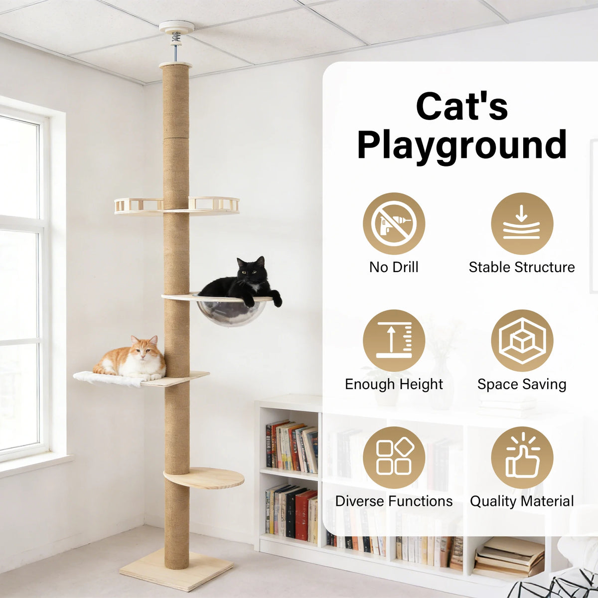 Adjustable Solid Wood Cat Tower With Hammock And Scratching Post