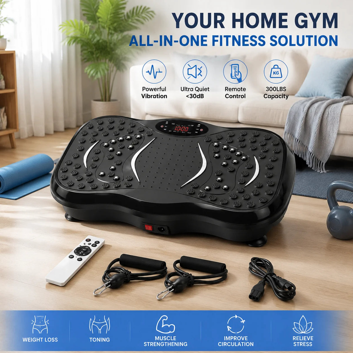 Vibration Plate Exercise Machine with Remote Control & Resistance Bands, Whole Body Fitness Platform for Home Gym Workout and Muscle Training