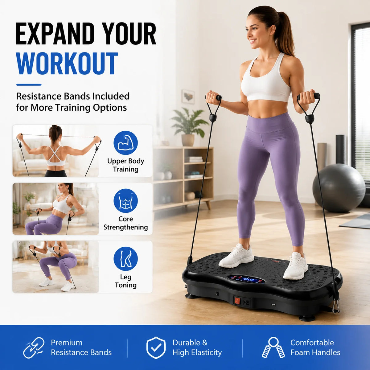 Vibration Plate Exercise Machine with Remote Control & Resistance Bands, Whole Body Fitness Platform for Home Gym Workout and Muscle Training