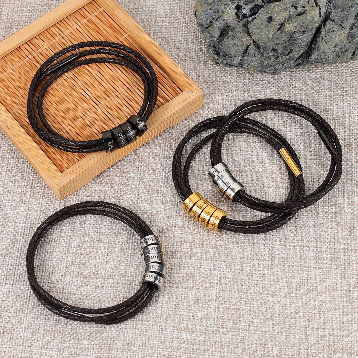 Qitian Personalized Engraved Family Name Leather Bracelet For Men