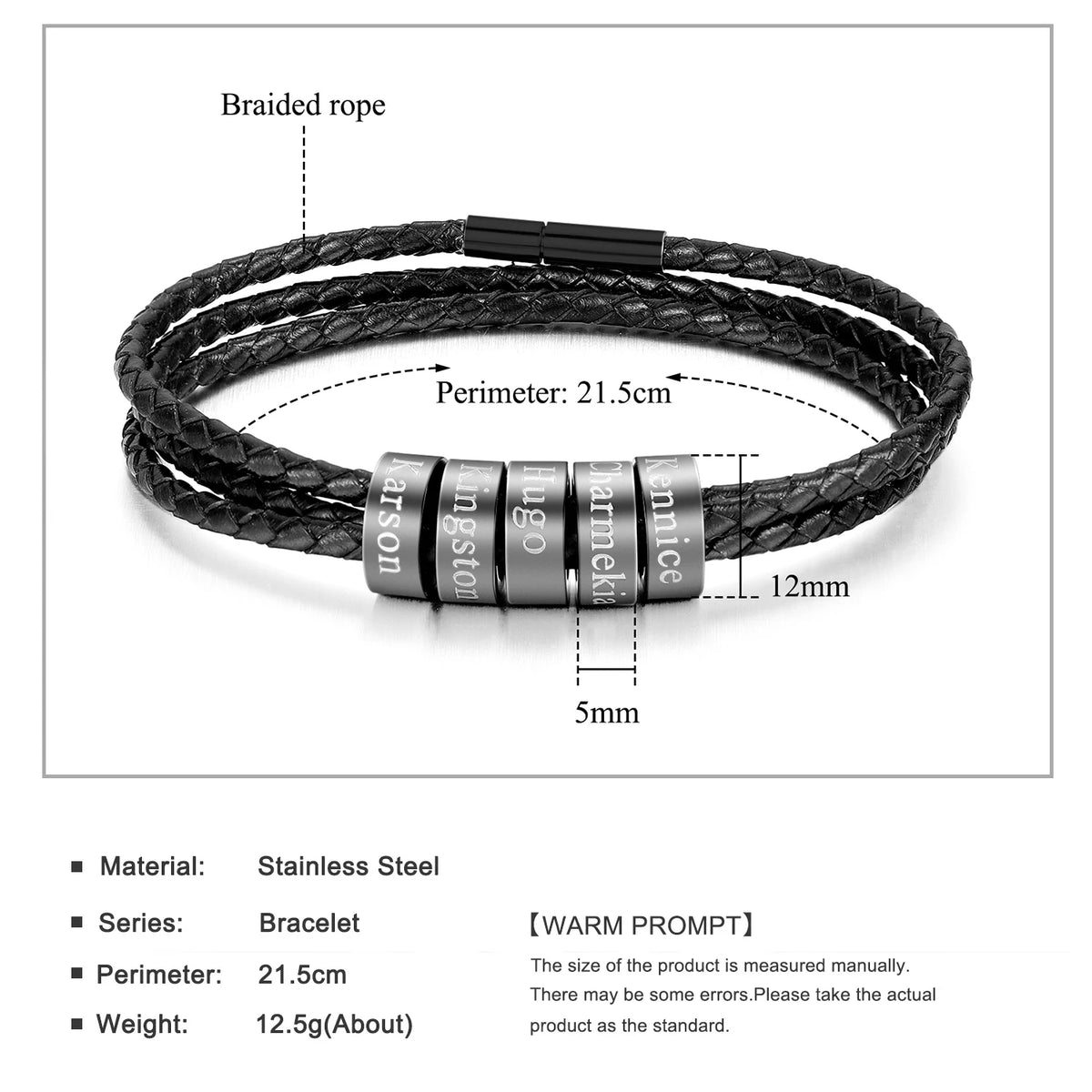 Qitian Personalized Engraved Family Name Leather Bracelet For Men