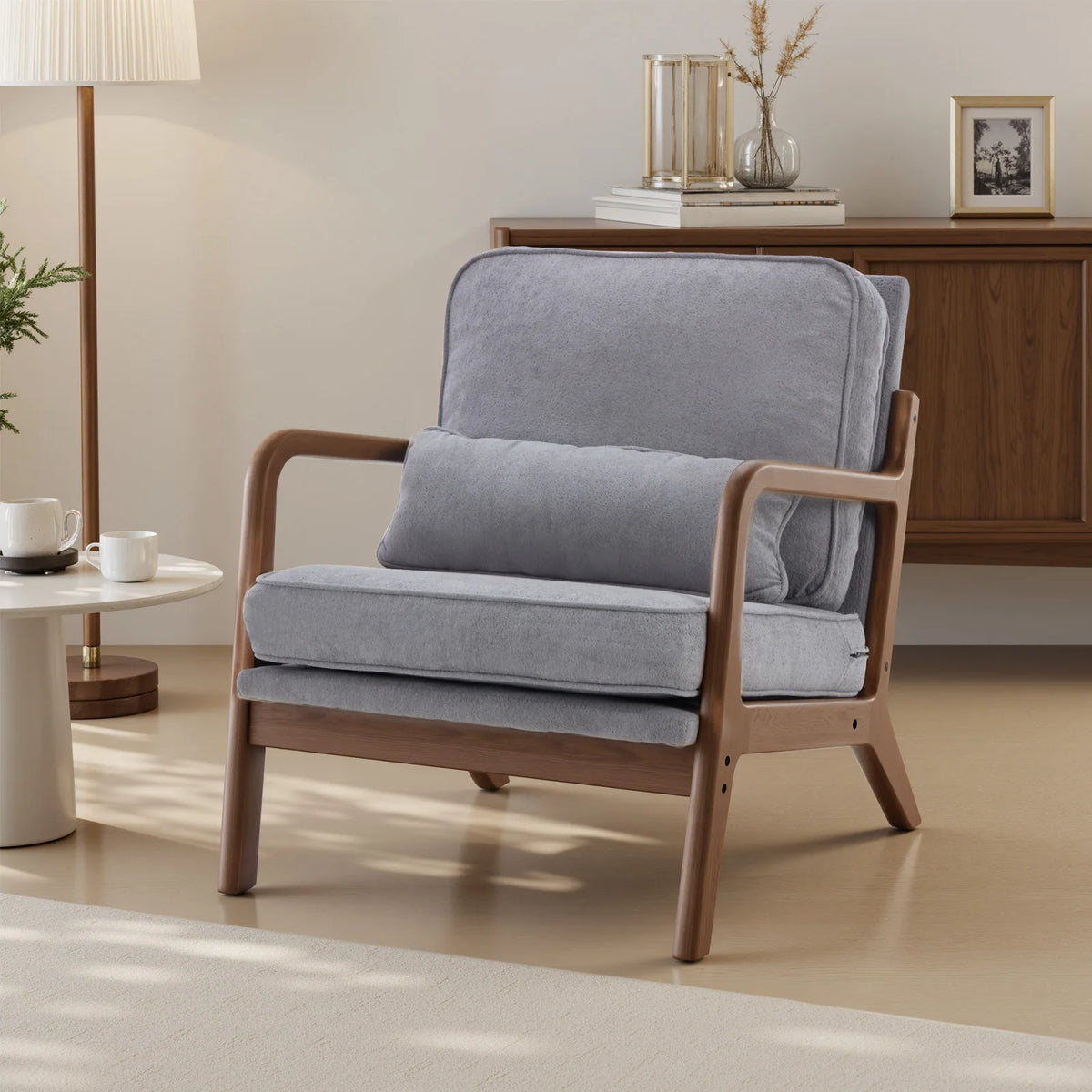 JHK Mid Century Modern Wooden Armchair With Fabric Cushions
