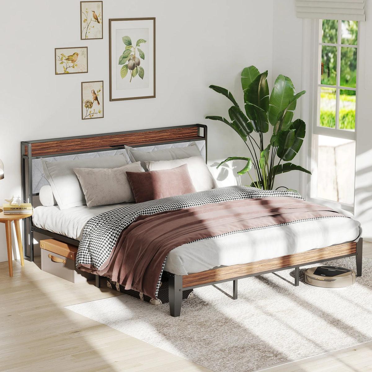 JHK Heavy Duty Metal Bed Frame With Integrated Charging Headboard