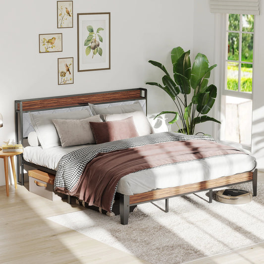 JHK Heavy Duty Metal Bed Frame With Integrated Charging Headboard