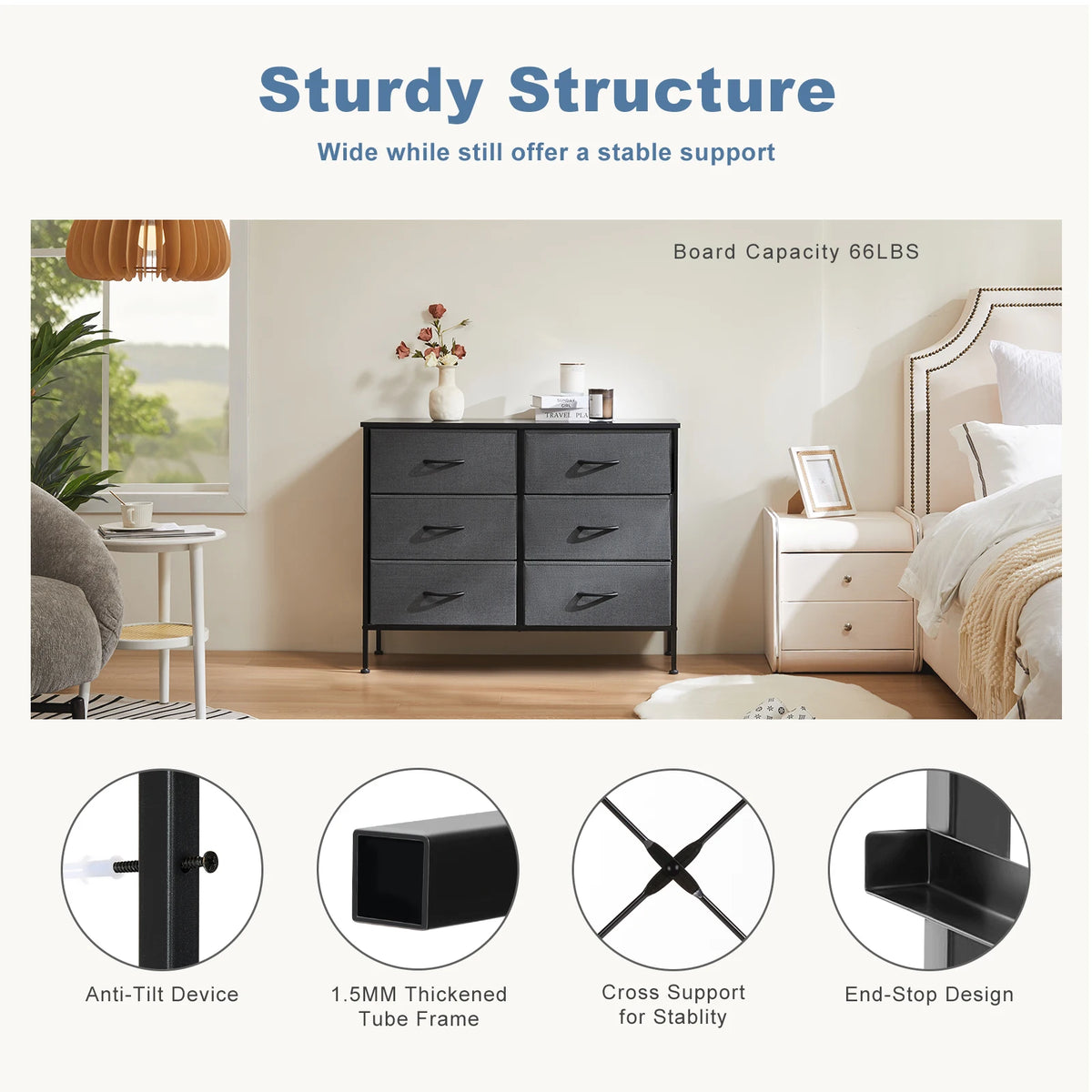 JHK Modern 6 Drawer Bedroom Nightstand With Metal Frame