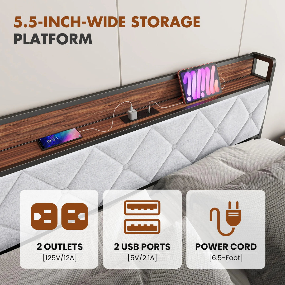 JHK Heavy Duty Metal Bed Frame With Integrated Charging Headboard