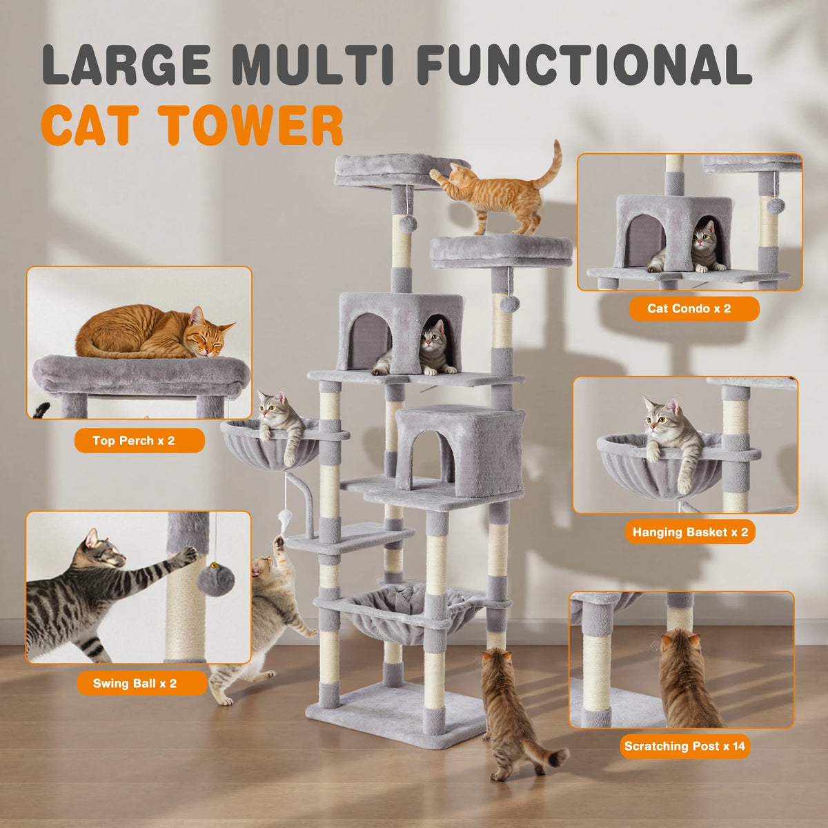 JHK Multi Level Cat Tree Natural Sisal Scratching Posts