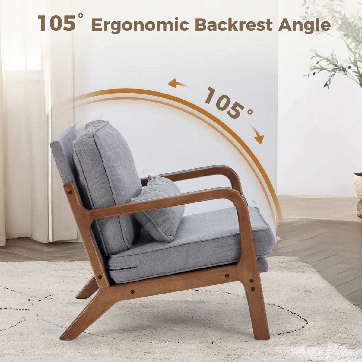 JHK Mid Century Modern Wooden Armchair With Fabric Cushions