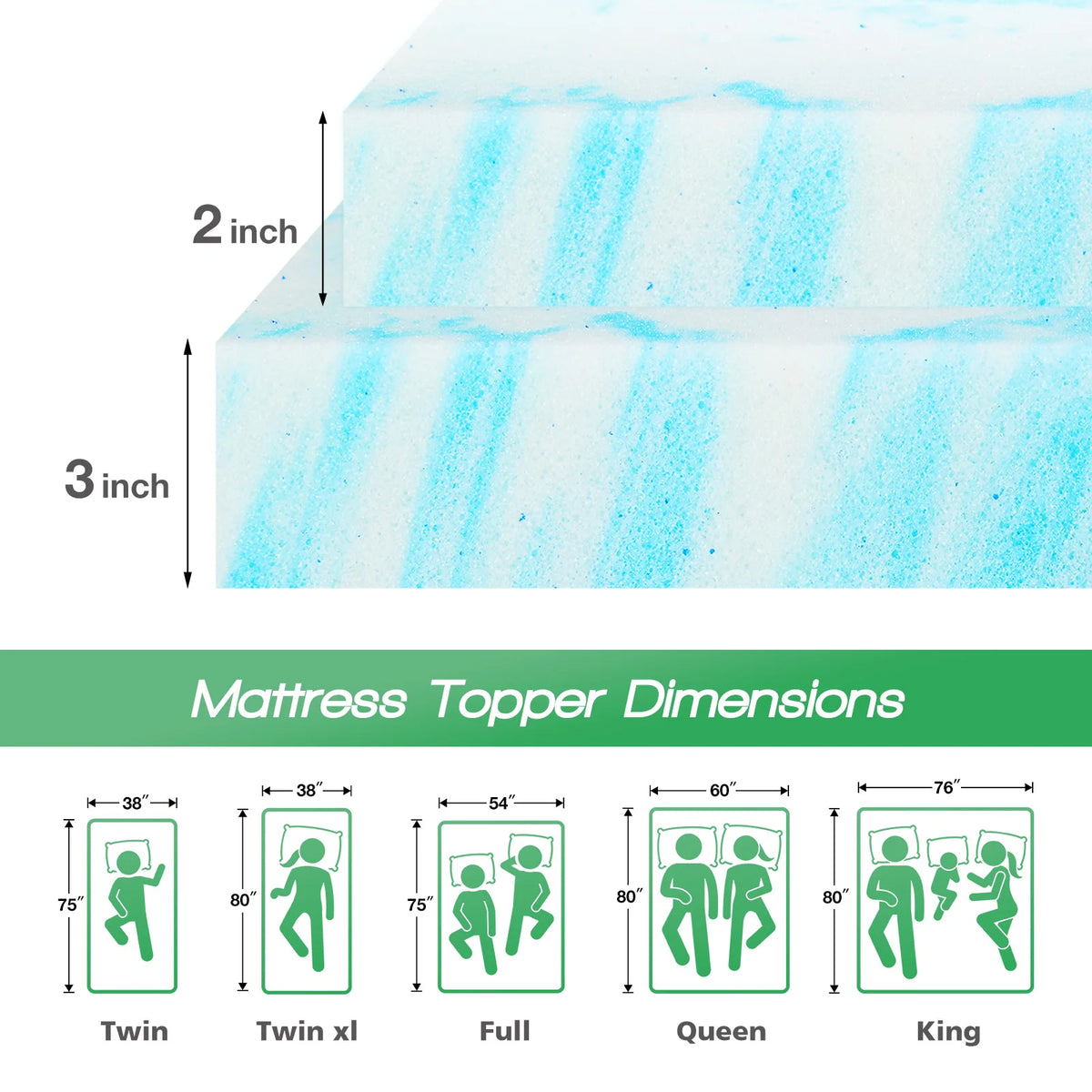 JHK Gel Memory Foam Mattress Topper Cooling Soft Breathable Bedroom
