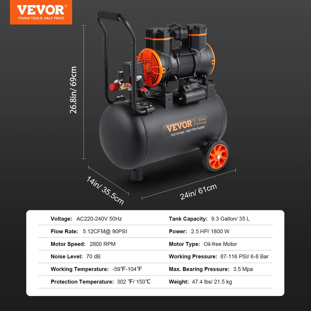 VEVOR Silent Air Compressor 900W 1800W Quiet Oil Free Portable