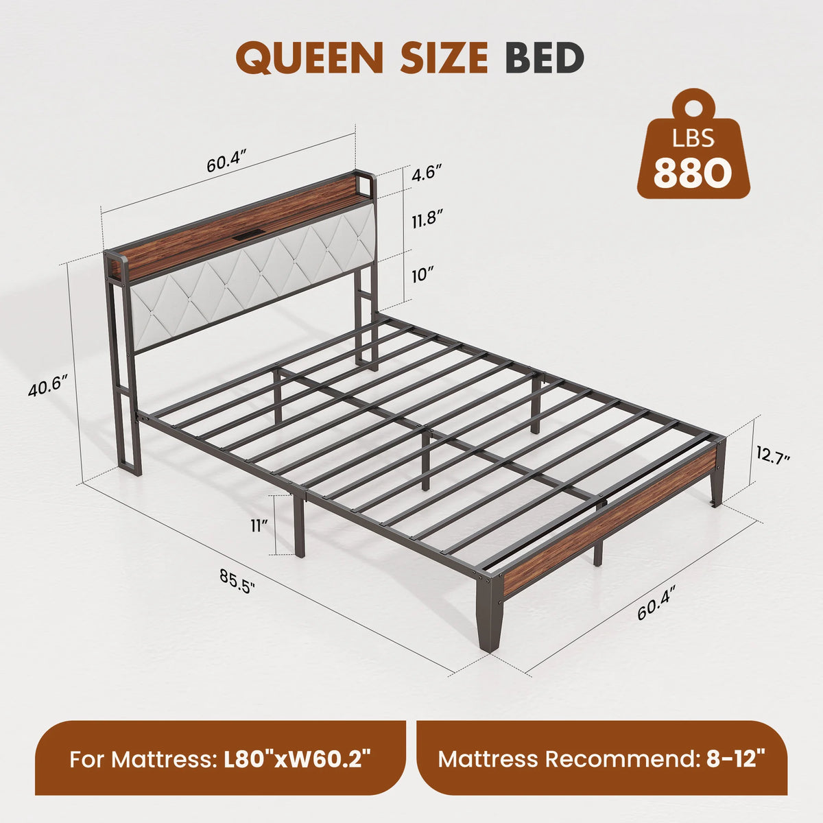 JHK Heavy Duty Metal Bed Frame With Integrated Charging Headboard