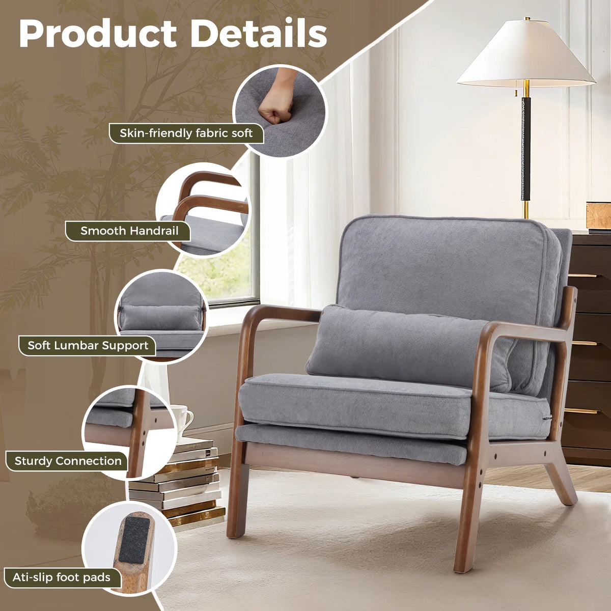 JHK Mid Century Modern Wooden Armchair With Fabric Cushions