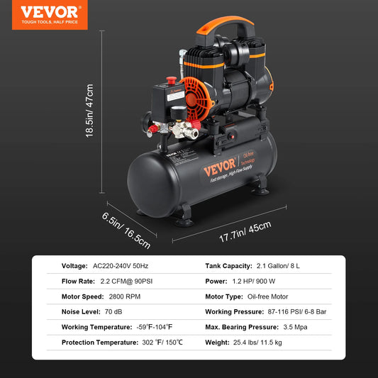 VEVOR Silent Air Compressor 900W 1800W Quiet Oil Free Portable