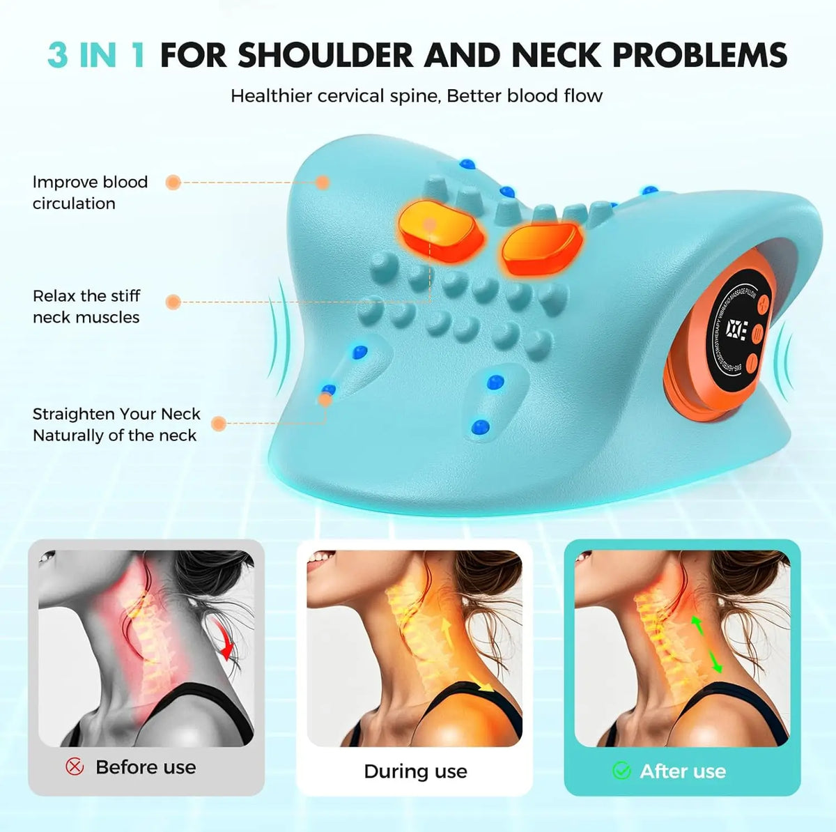 Electronic Rechargeable 3in1 Shiatsu Neck Back Massager With Remote