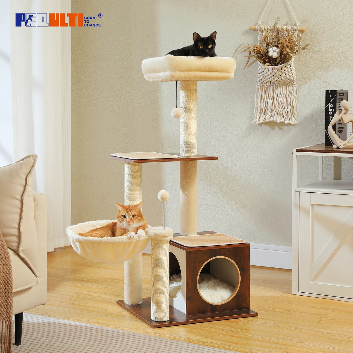 Pawz Road Modern Multi Level Wood Cat Tree With Hammock