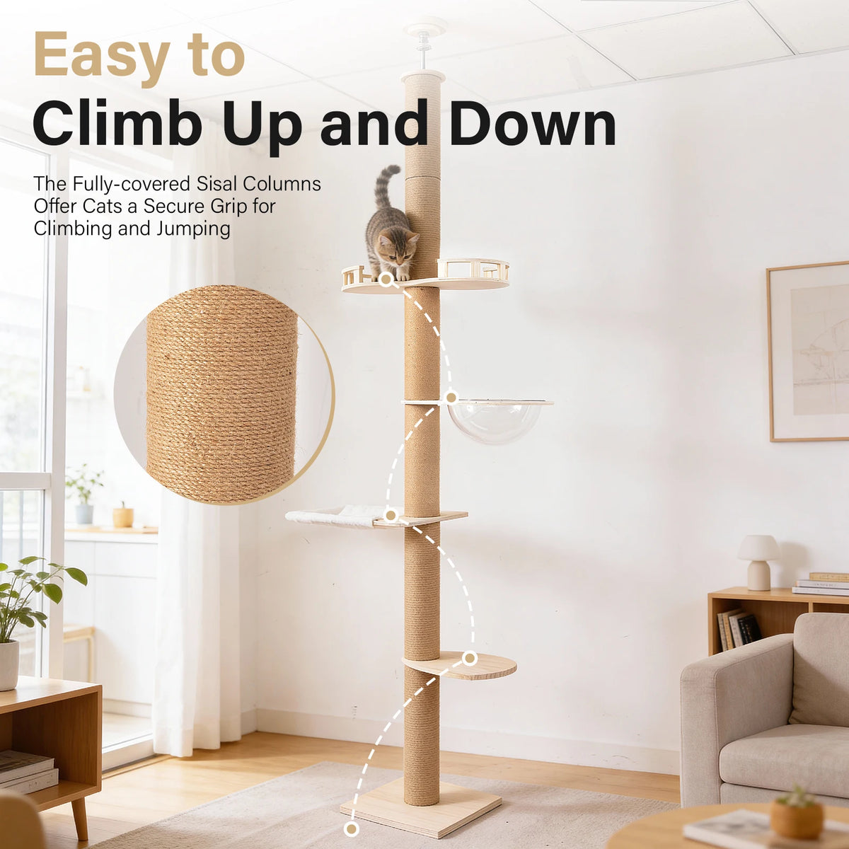 Adjustable Solid Wood Cat Tower With Hammock And Scratching Post