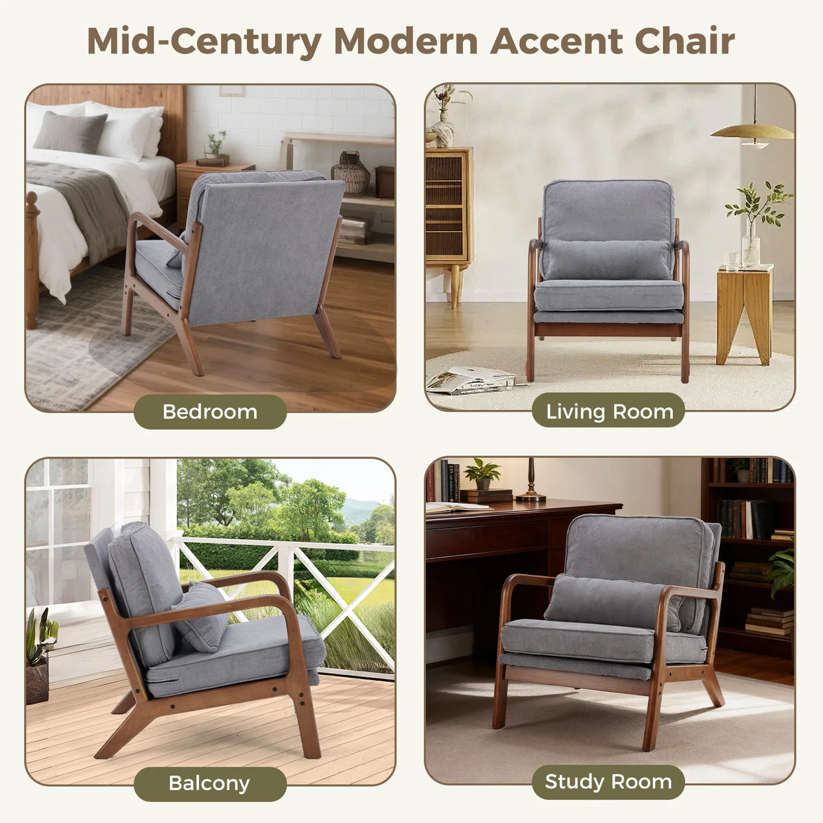 JHK Mid Century Modern Wooden Armchair With Fabric Cushions