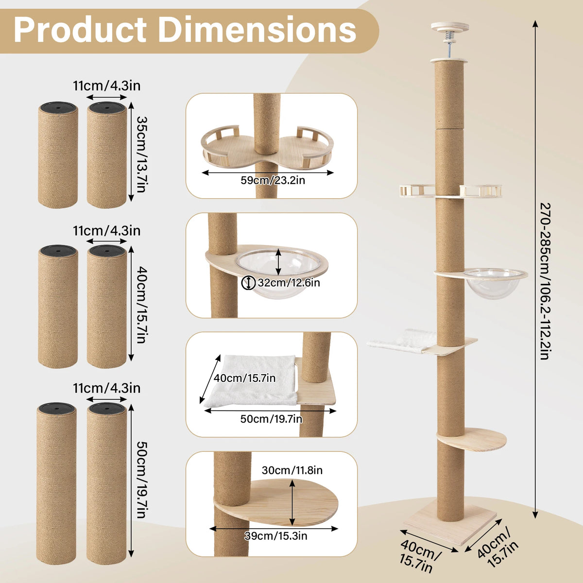 Adjustable Solid Wood Cat Tower With Hammock And Scratching Post