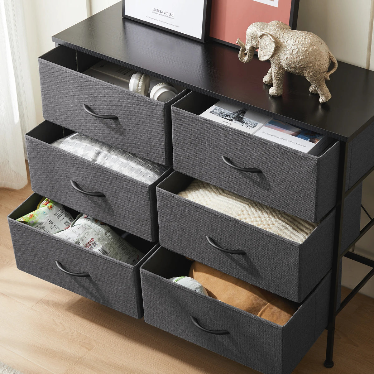 JHK Modern 6 Drawer Bedroom Nightstand With Metal Frame