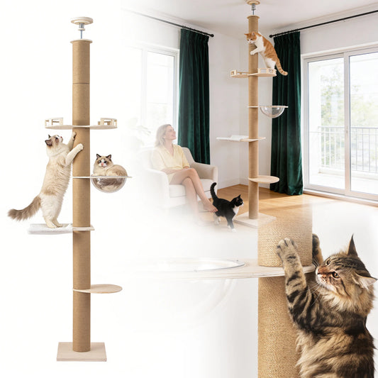 Adjustable Solid Wood Cat Tower With Hammock And Scratching Post