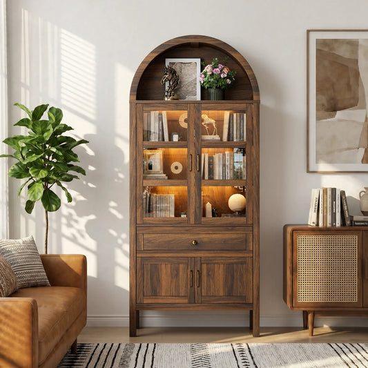Cottinch Wooden Arched Storage Cabinet Adjustable Shelves And LED Lighting