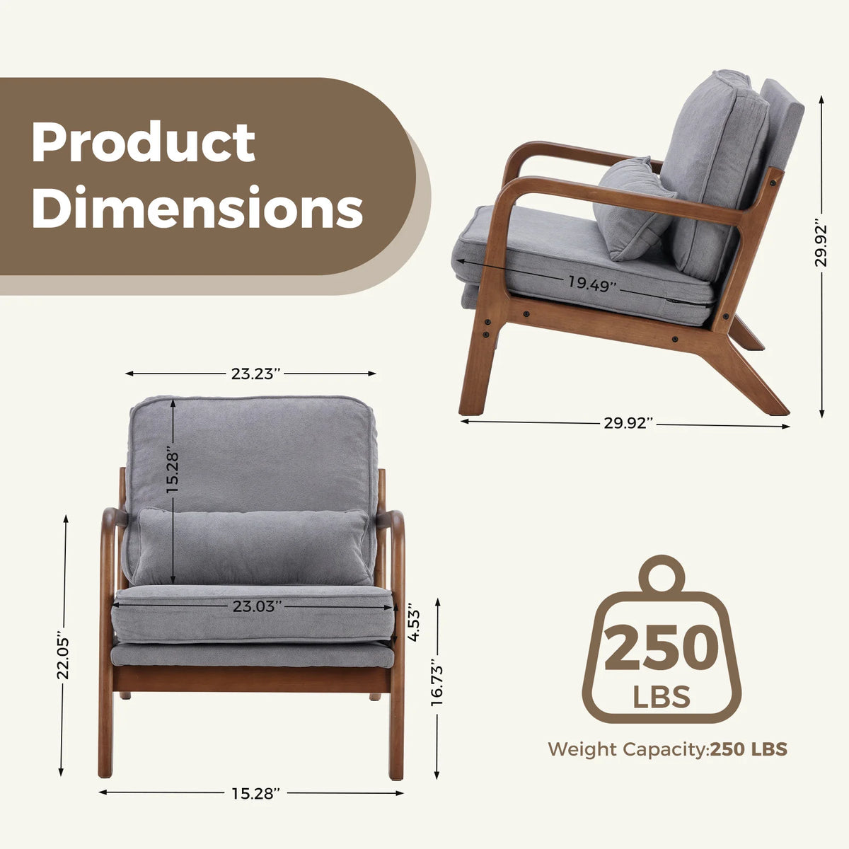 JHK Mid Century Modern Wooden Armchair With Fabric Cushions