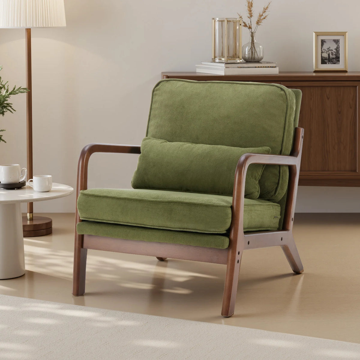 JHK Mid Century Modern Wooden Armchair With Fabric Cushions