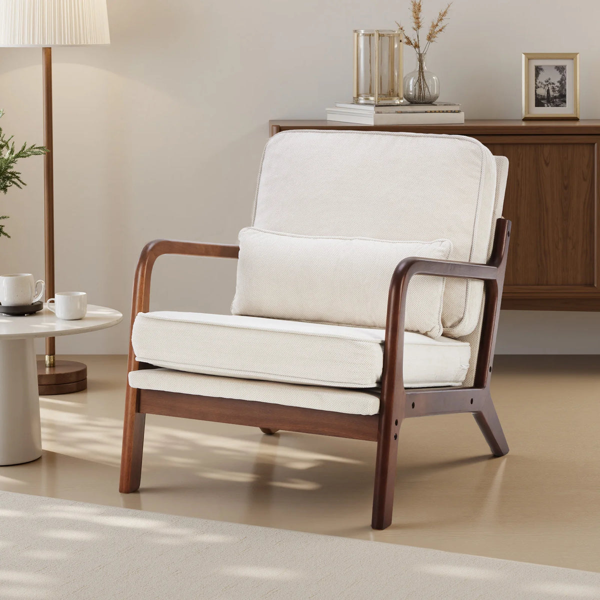 JHK Mid Century Modern Wooden Armchair With Fabric Cushions