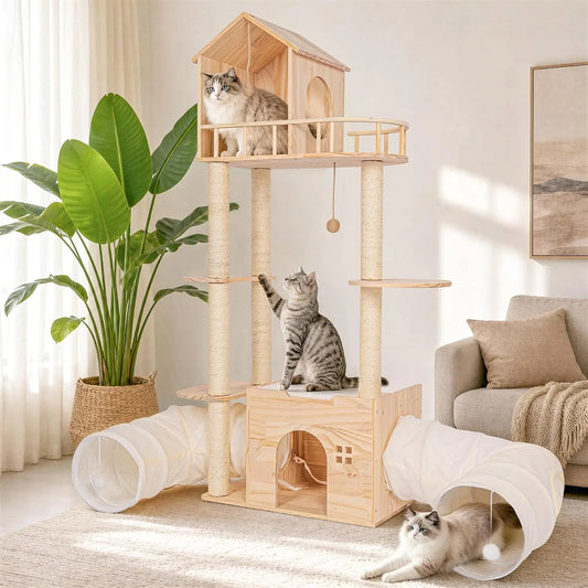 Solid Wood Cat Tower with Tunnels and Scratching Posts Indoor