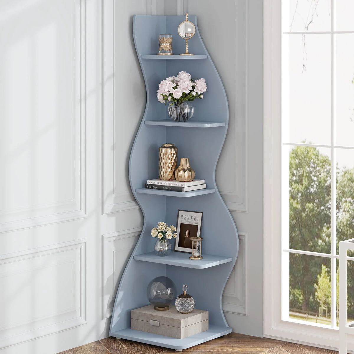 Tribesigns Modern Wooden Five Tier Corner Storage Shelf Plant Stand Bookcase