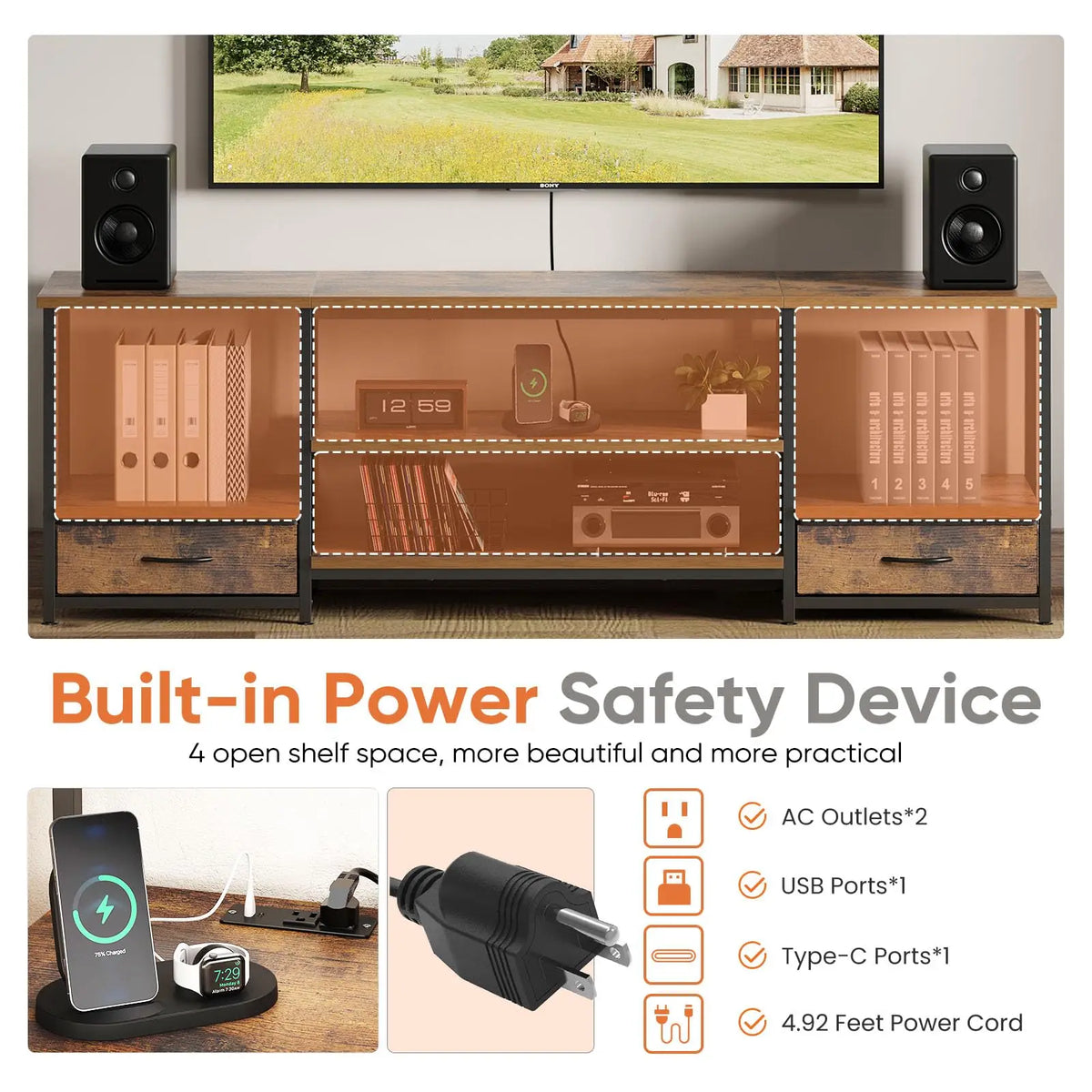 JHK Wooden Entertainment Center Media Console With Adjustable Shelf