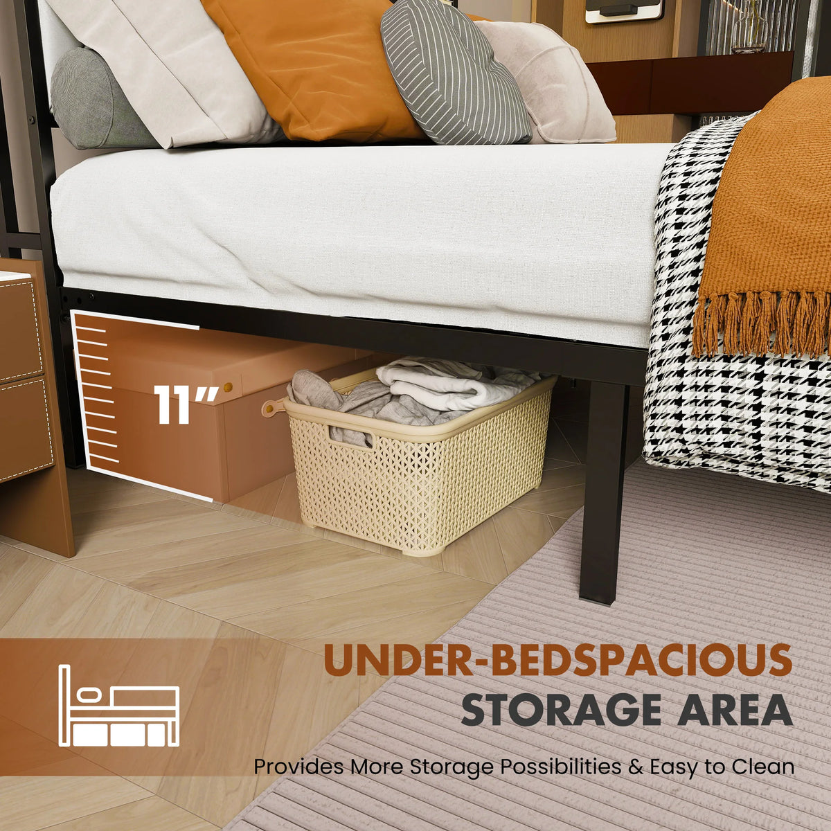 JHK Heavy Duty Metal Bed Frame With Integrated Charging Headboard