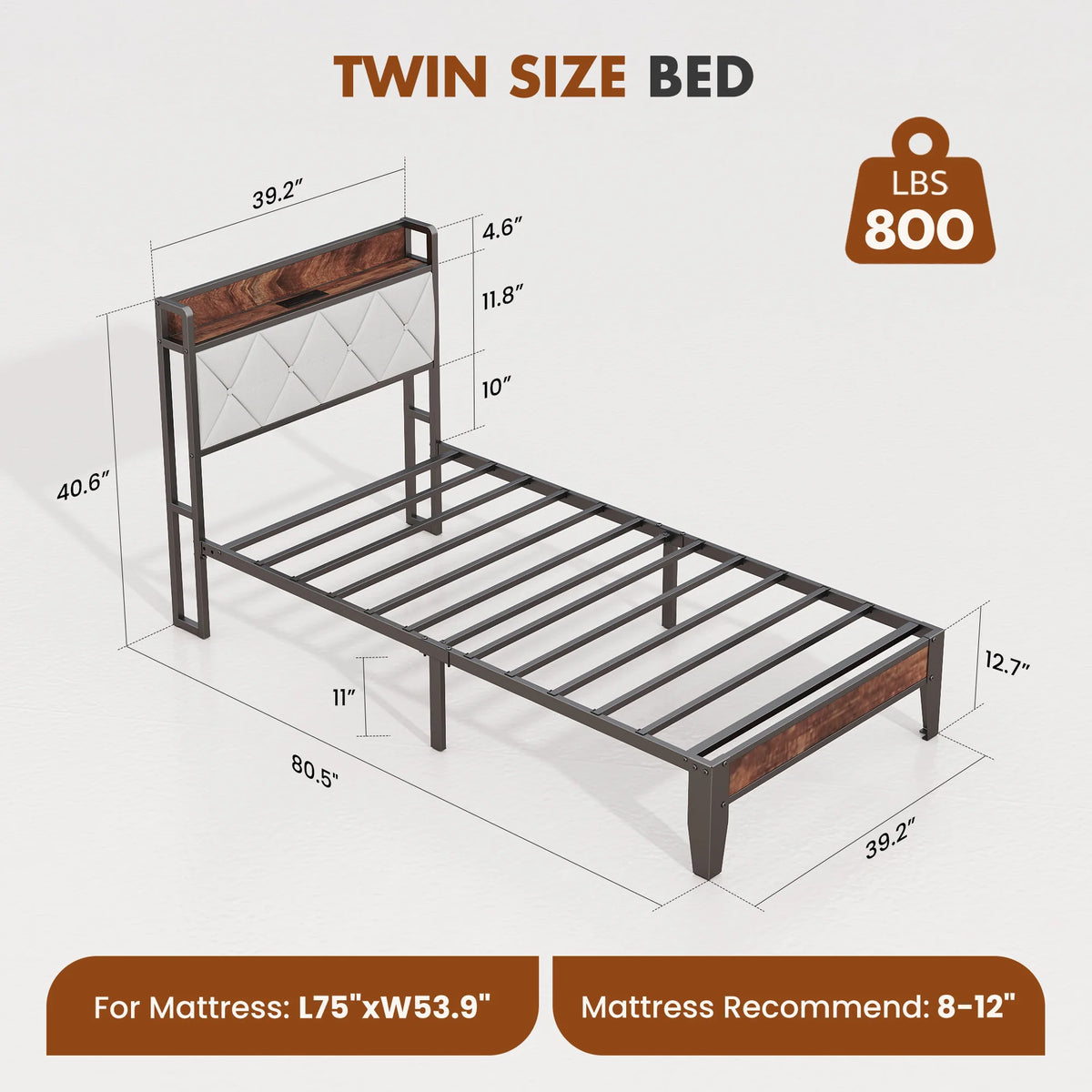 JHK Heavy Duty Metal Bed Frame With Integrated Charging Headboard