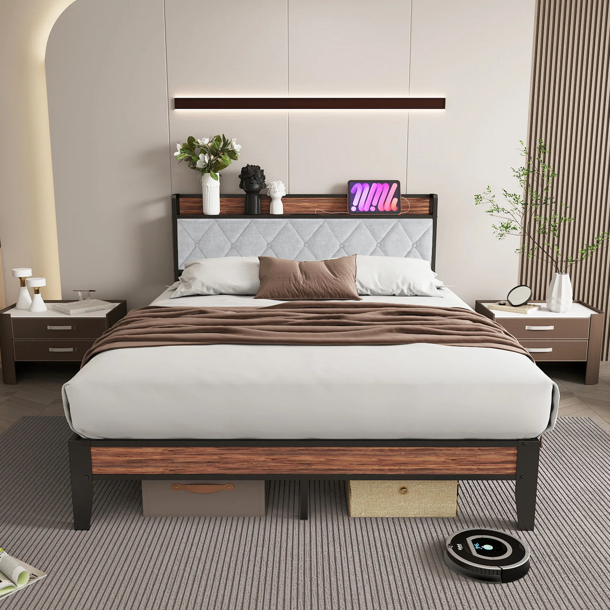 JHK Heavy Duty Metal Bed Frame With Integrated Charging Headboard