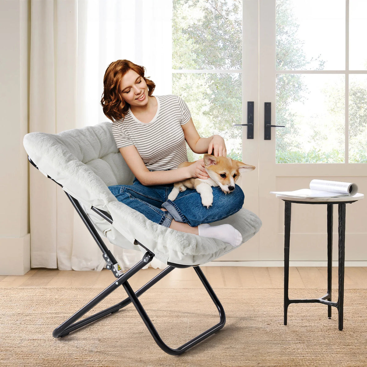 JHK Folding Lounge Saucer Chair With Padded Metal Frame