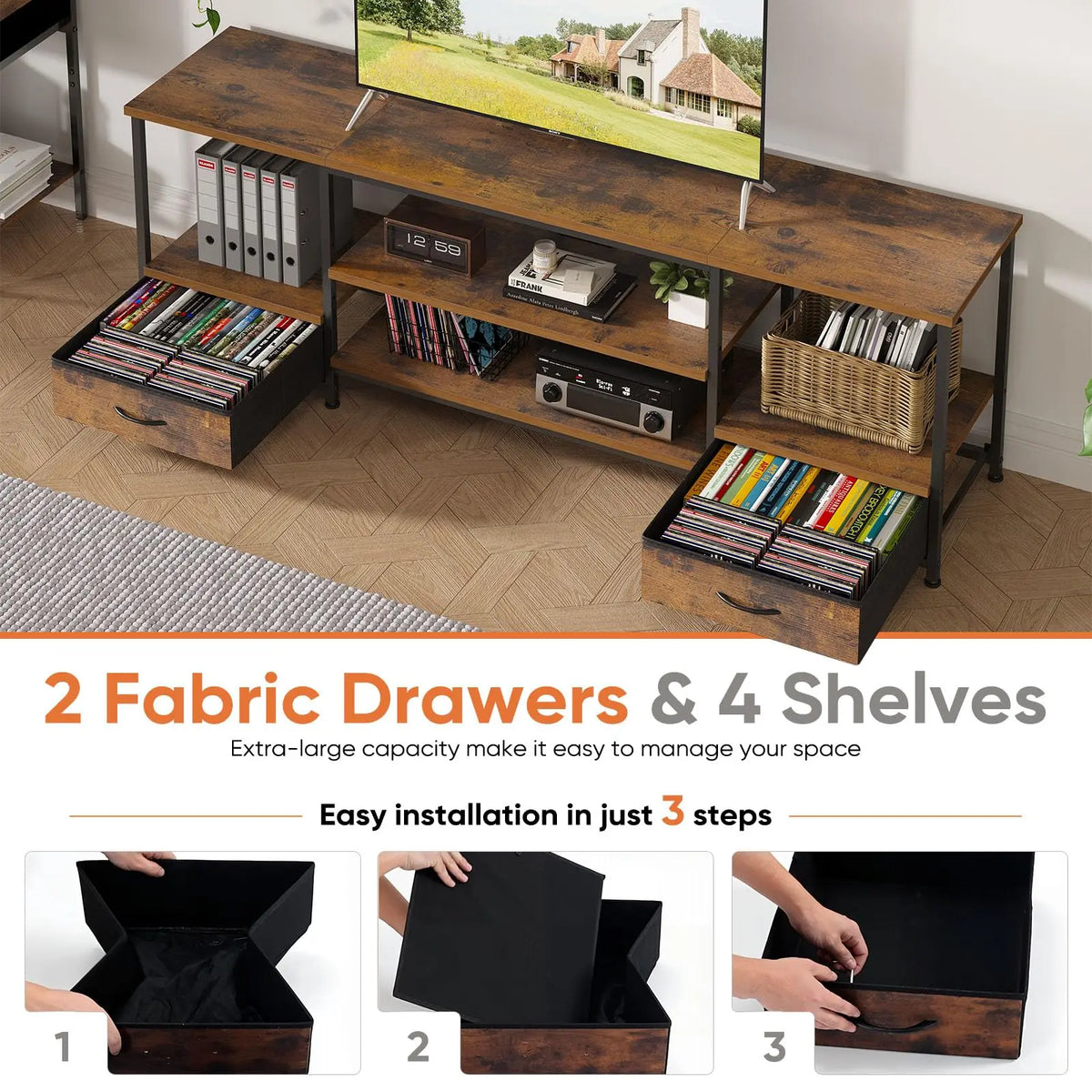 JHK Wooden Entertainment Center Media Console With Adjustable Shelf