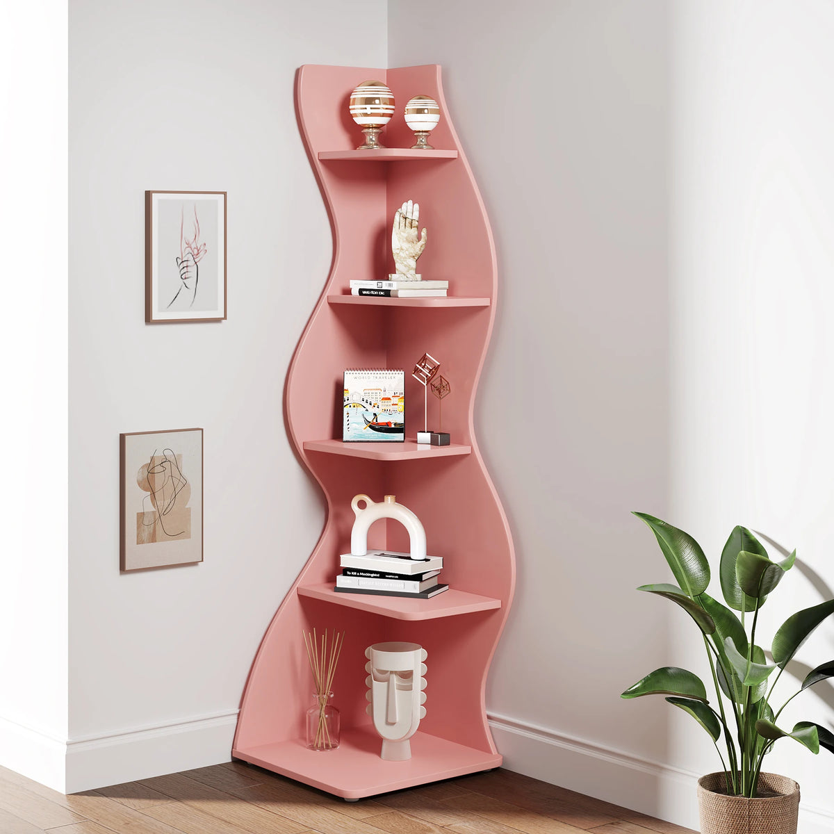 Tribesigns Modern Wooden Five Tier Corner Storage Shelf Plant Stand Bookcase