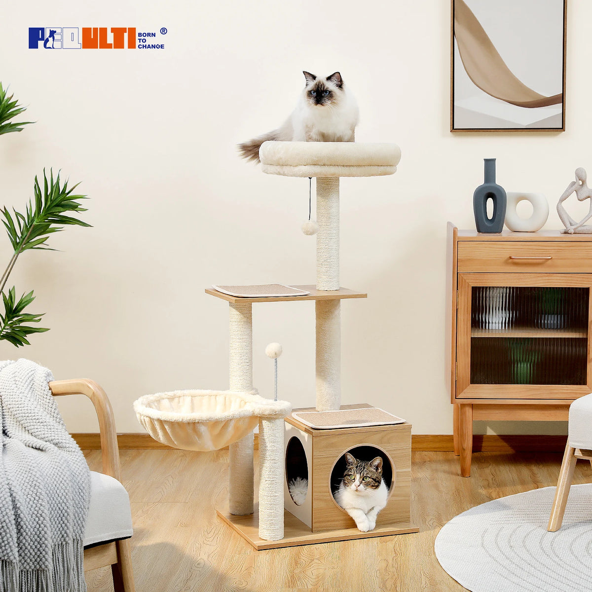 Pawz Road Modern Multi Level Wood Cat Tree With Hammock