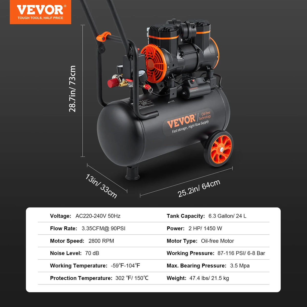 VEVOR Silent Air Compressor 900W 1800W Quiet Oil Free Portable
