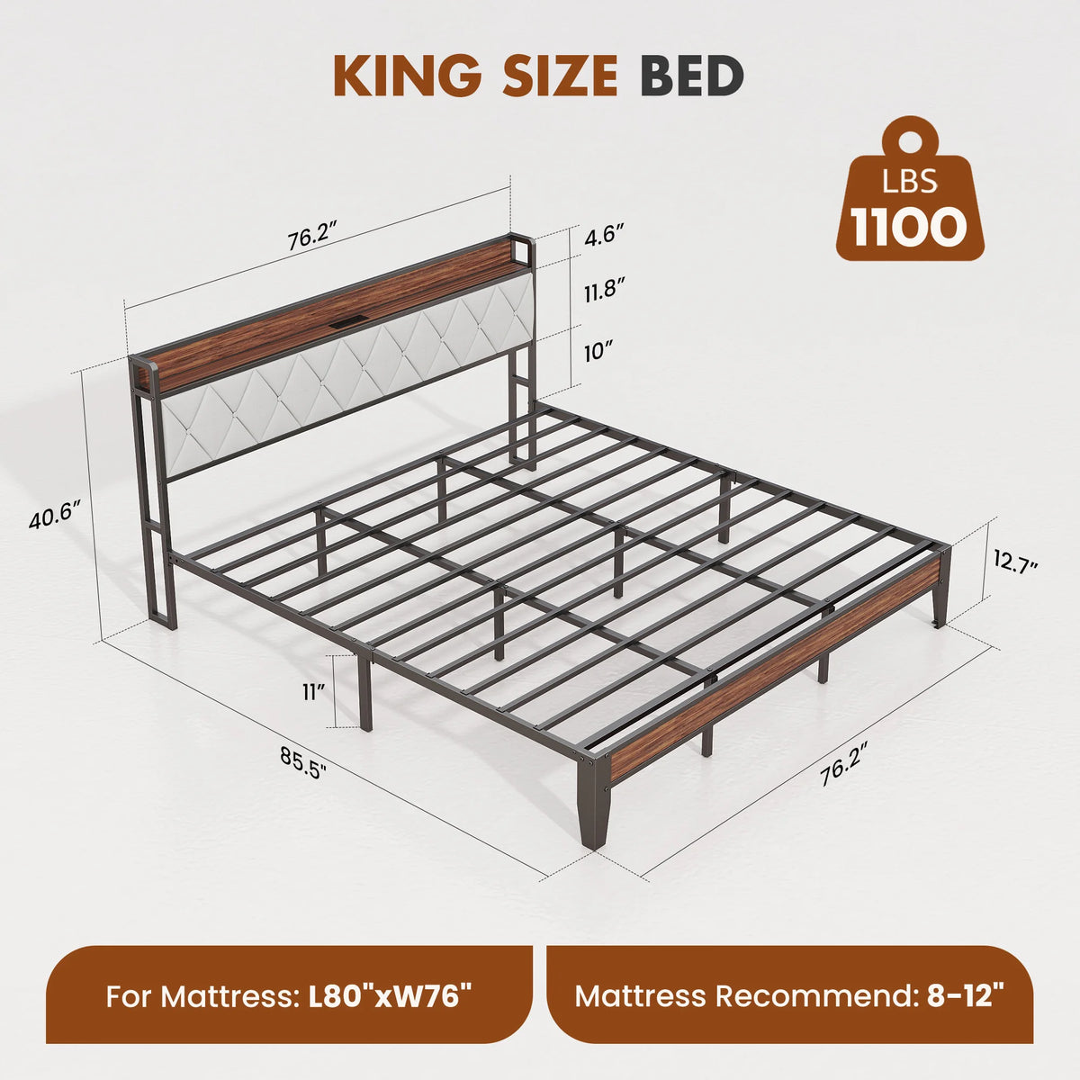 JHK Heavy Duty Metal Bed Frame With Integrated Charging Headboard