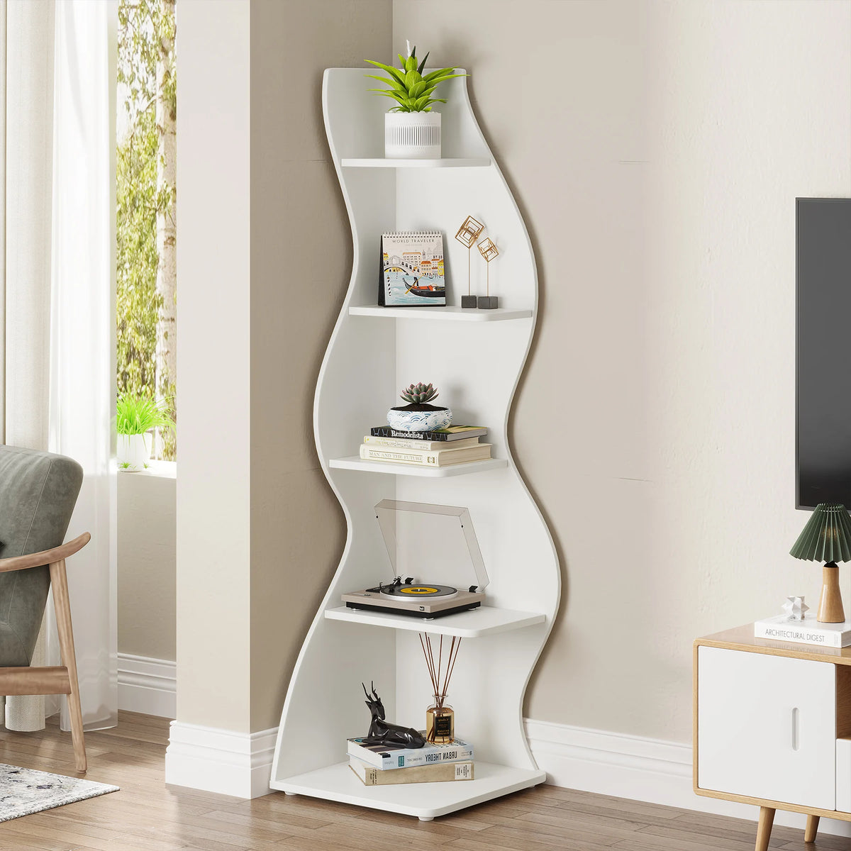 Tribesigns Modern Wooden Five Tier Corner Storage Shelf Plant Stand Bookcase