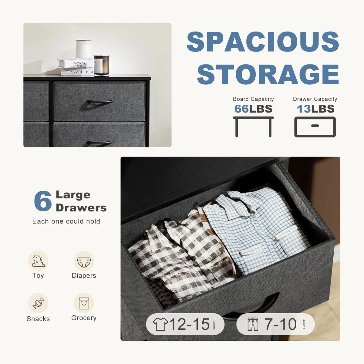 JHK Modern 6 Drawer Bedroom Nightstand With Metal Frame