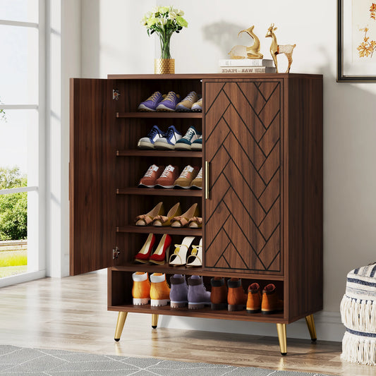 Tribesigns Wooden Shoe Cabinet With Adjustable Shelves And Doors