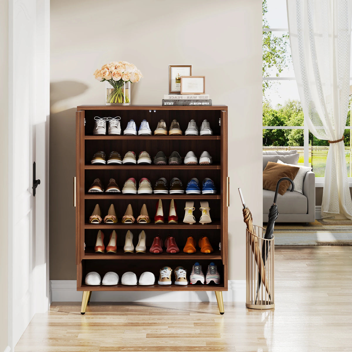 Tribesigns Wooden Shoe Cabinet With Adjustable Shelves And Doors