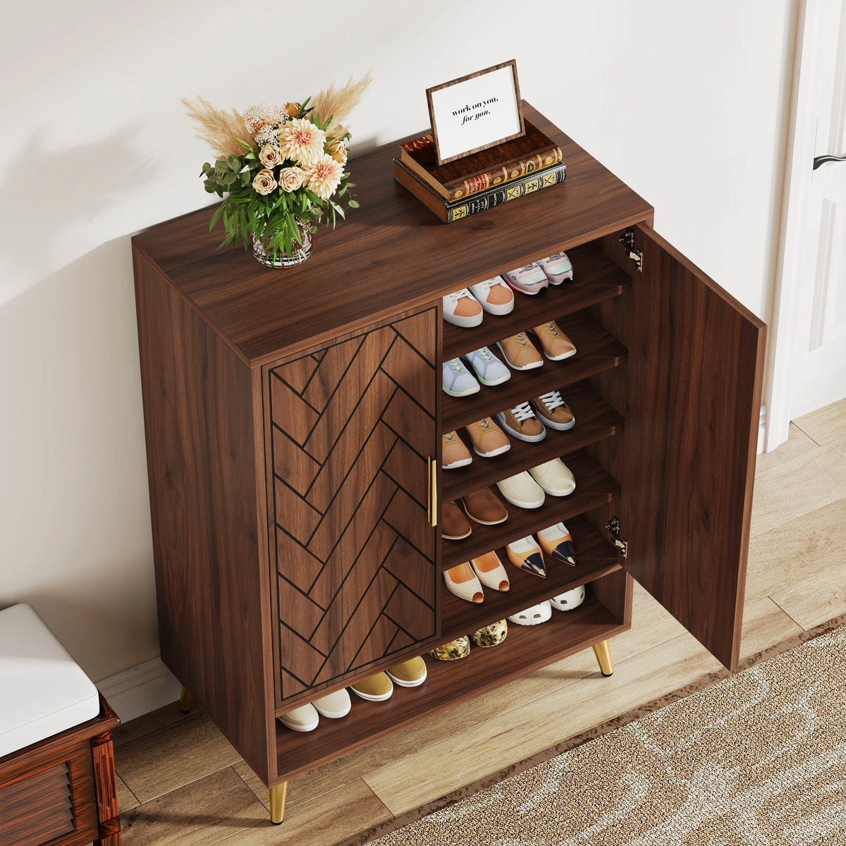 Tribesigns Wooden Shoe Cabinet With Adjustable Shelves And Doors
