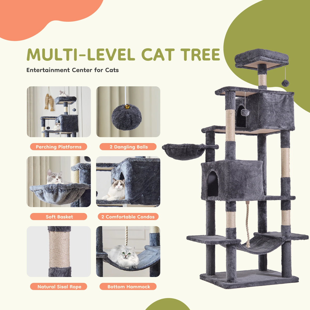 JHK Multi Level Wooden Cat Tree Tower With Sisal Scratcher