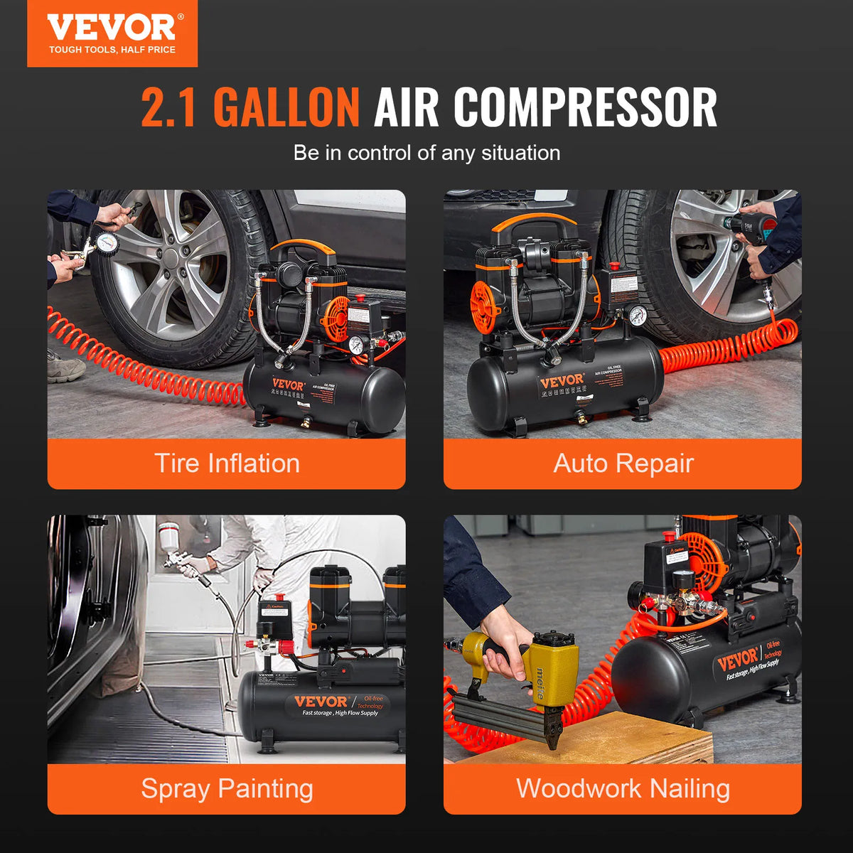 VEVOR Silent Air Compressor 900W 1800W Quiet Oil Free Portable