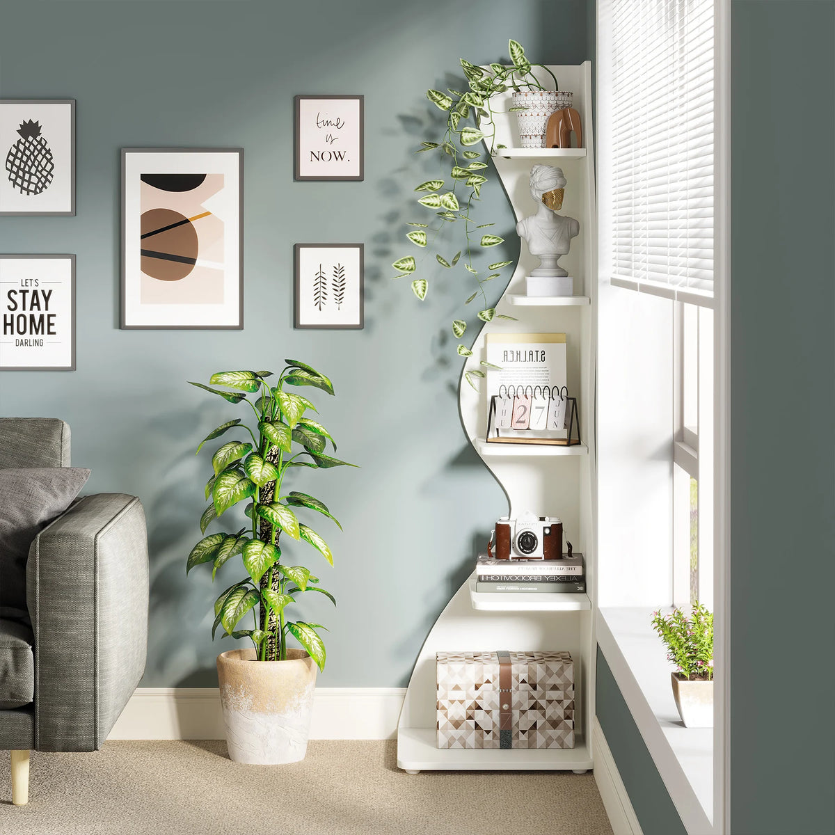 Tribesigns Modern Wooden Five Tier Corner Storage Shelf Plant Stand Bookcase